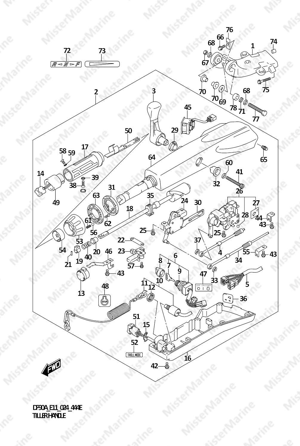 FIG.444E (1-H-15) TILLER HANDLE (DF70A,DF90A)(SEE NOTE 1)